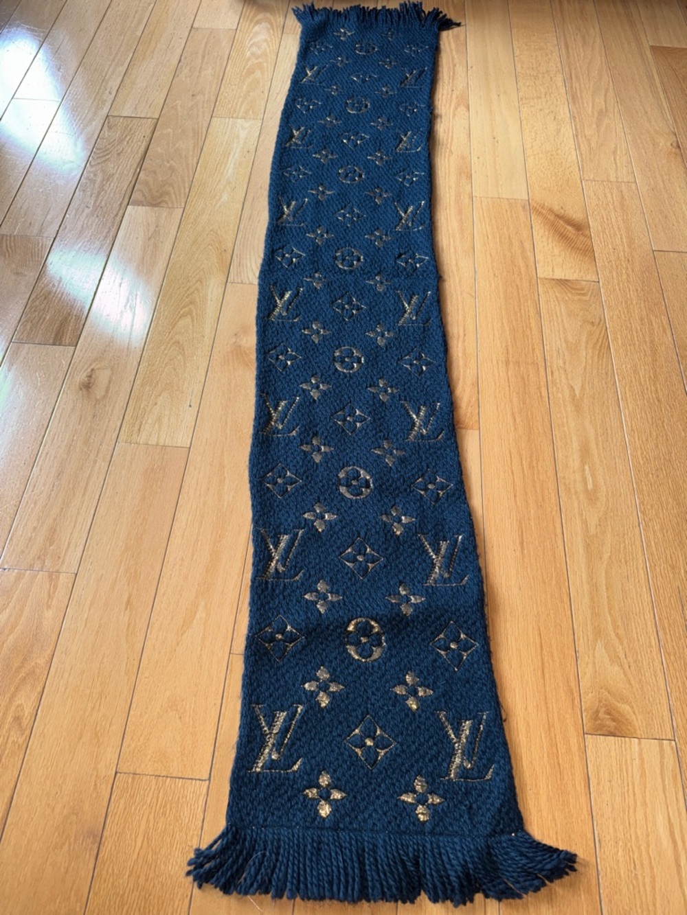 Louis Vuitton Navy and Gold Jacquard Knit Logo Scarf